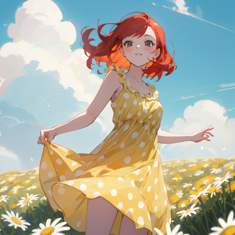 Example result. Prompt: beautiful redhead wearing a yellow sundress with big white polka dots, twirling on a high hill covered in daisies, under a cloudy sky…