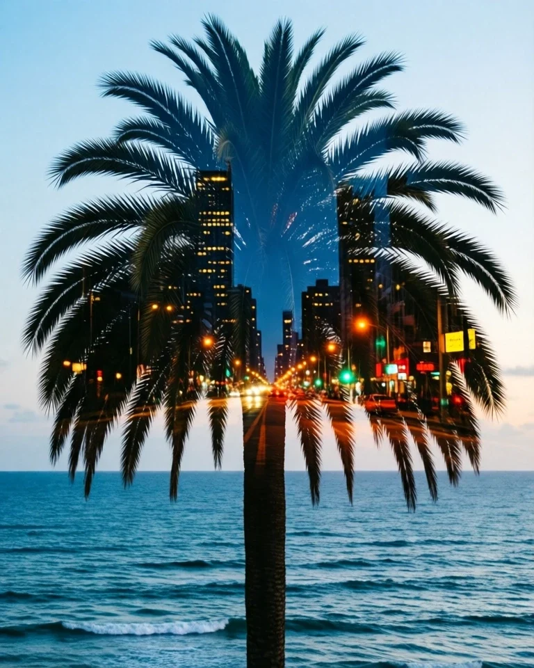 A palm-tree silhouette blending an ocean scene with a city street