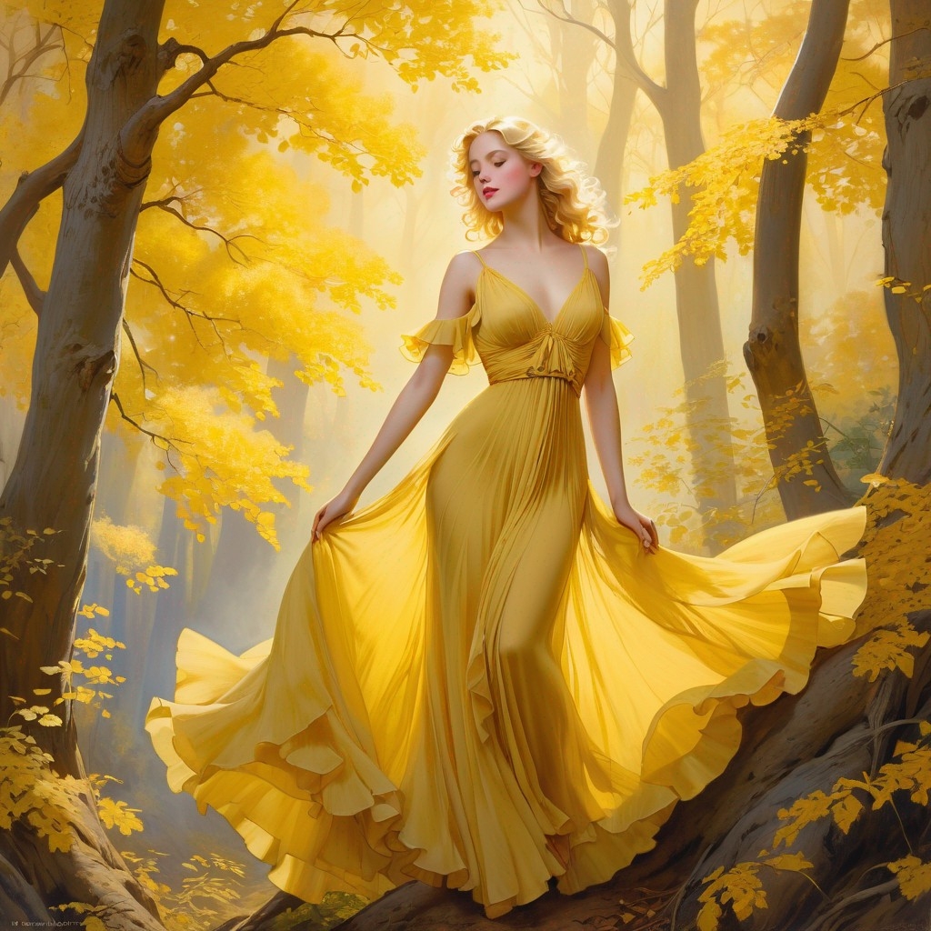 Example result. Prompt: beautiful blonde woman, wearing a sulphur yellow chiffon ruffled dress, in a forest of yellow trees, golden hour, (ethereal fantasy…