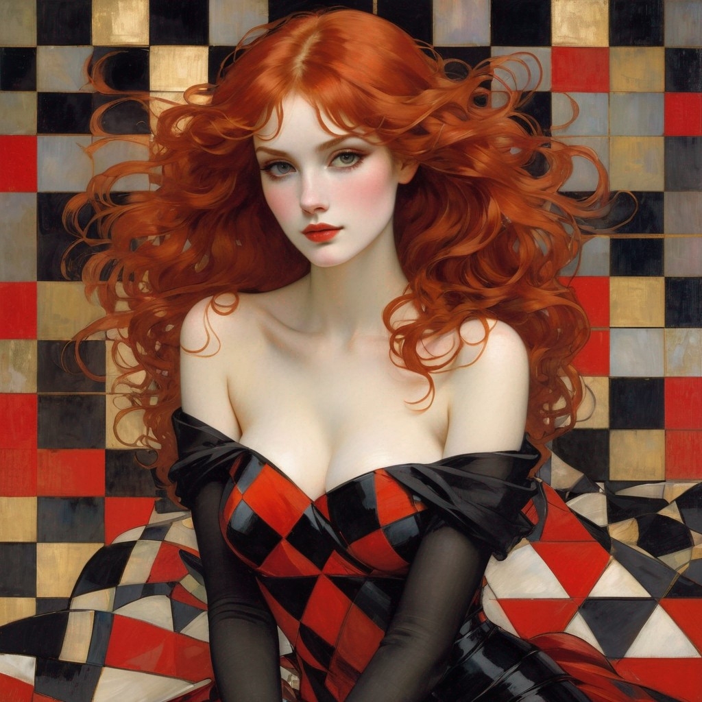 Example result. Prompt: beautiful redhead wearing red and black with (checkerboard:1.2), bokeh lights in the background, minimal, abstract+, painterly+,…