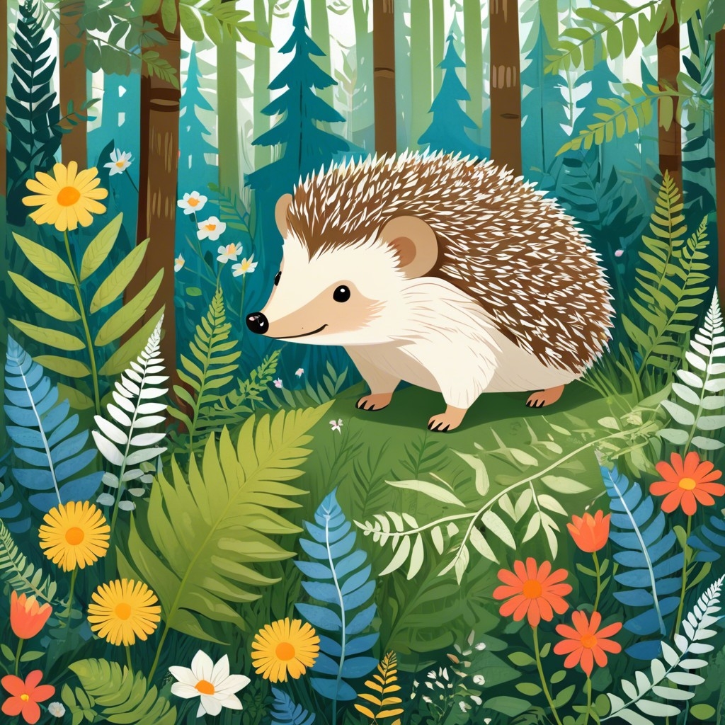 Example result. Prompt: cute happy hedgehog in the woods, ferns, flowers, (graphic illustration style), stylized, (Paula Modersohn-Becker:1.2), (Boris…