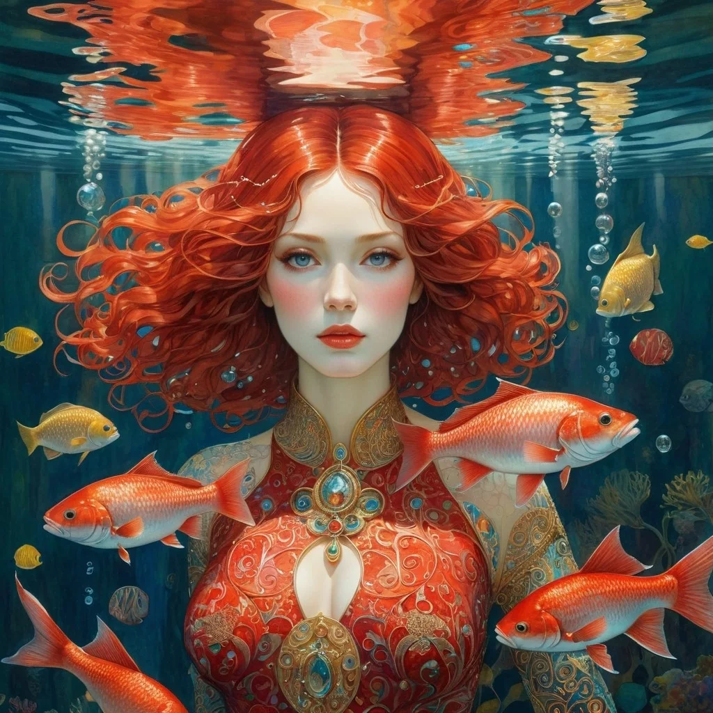 Example result. Prompt: beautiful woman with (red fish), under water, (aqua, red:0.8), watercolor, surreal, (Gustav Klimt), James Christensen, intricate,…