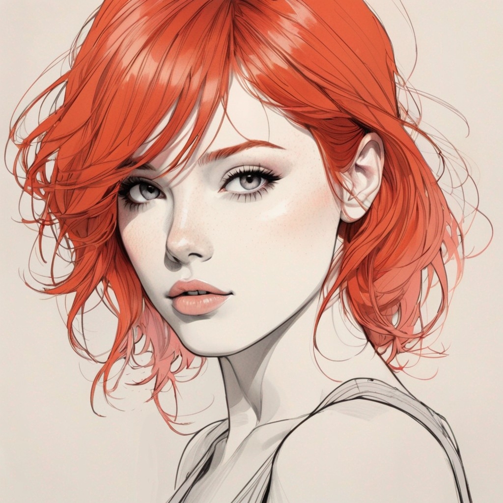 Example result. Prompt: upper body portrait of a pretty red headed girl, bold clean lines, (partially sketched:1.3), best quality, pastel gradient background…
