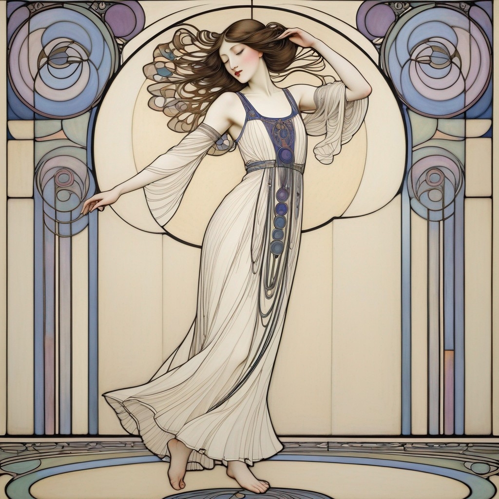 Example result. Prompt: beautiful regee dancer wearing a ruffle dress, dancing, (Art Nouveau style) . minimalist, decorative, curvilinear forms, (Margaret…
