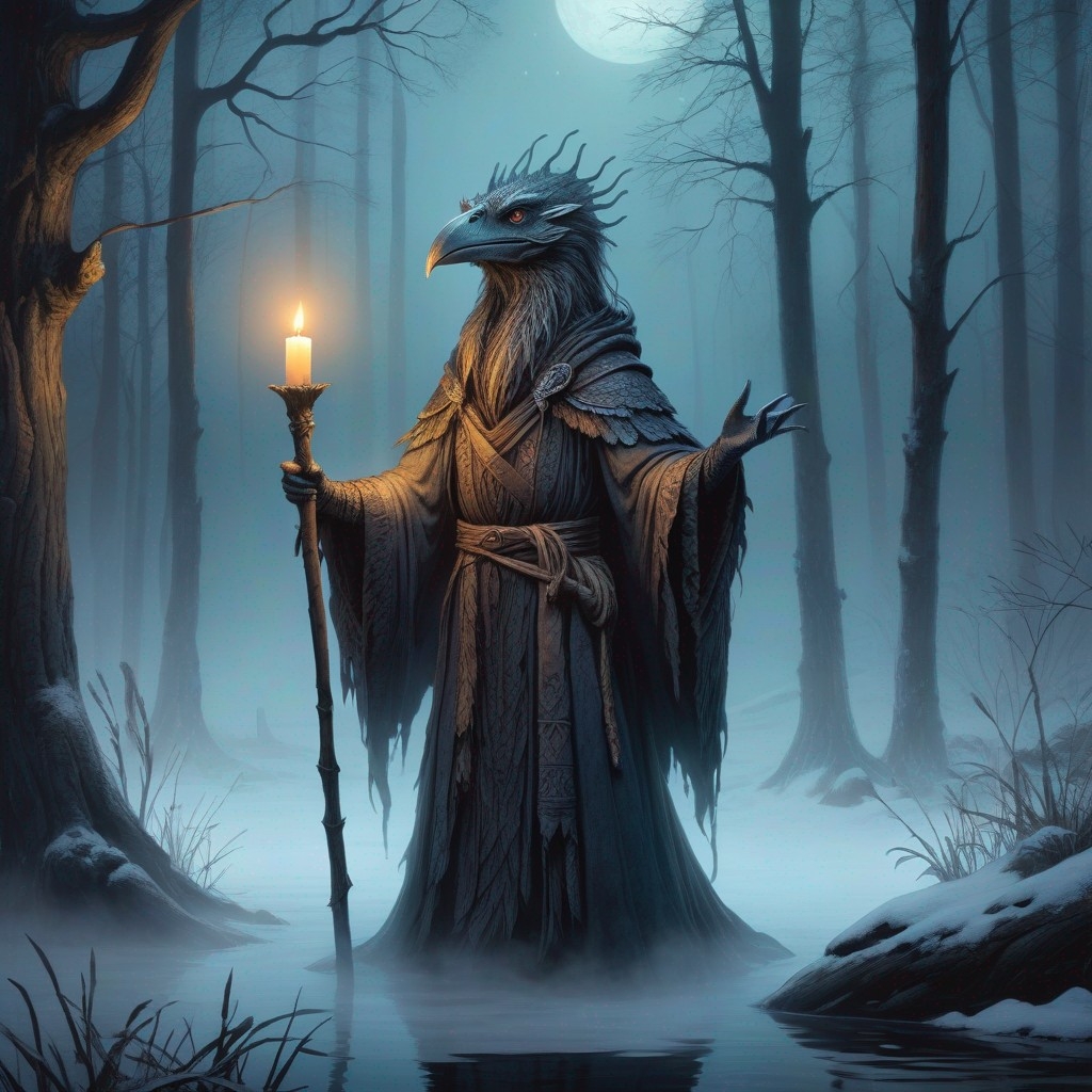 Example result. Prompt: skeksis swamp creature, wearing a kimono--, with a candle on a tall wooden staff, in a winter woods, dark, dense fog, night, Fantasy…