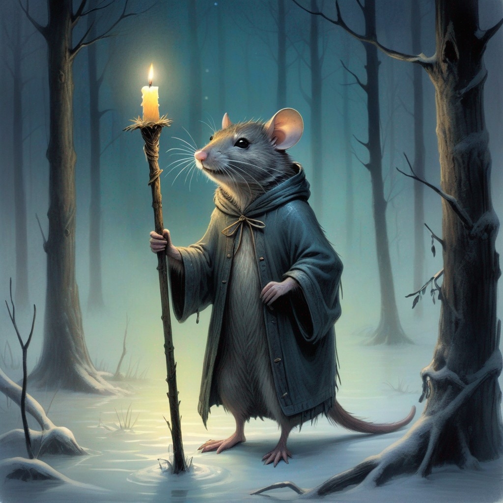 Example result. Prompt: swamp rat creature, with a candle on a tall wooden staff, in a winter woods, candle lit, dense fog, night, Dark Fantasy Art, moody,…