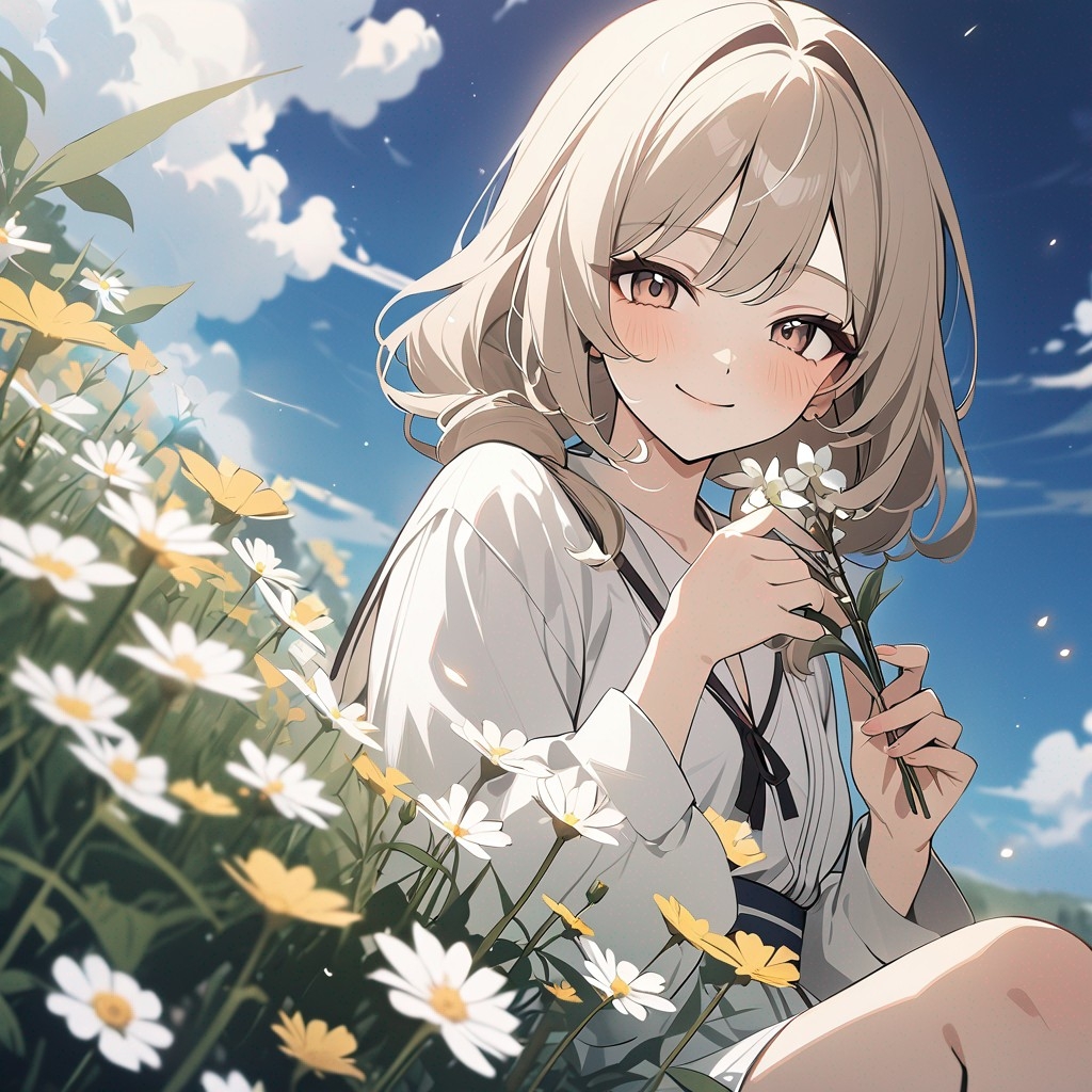 Example result. Prompt: 1girl sitting on a wildflower hill, smiling, holding a flower, close up, (newest anime art style), masterpiece Negative Prompt:…
