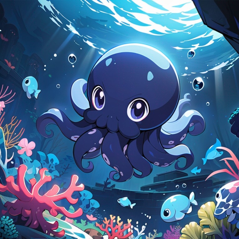 Example result. Prompt: beautiful octopus in the coral reef, (newest anime art style), masterpiece Negative Prompt: (deformed, distorted, disfigured), ugly,…