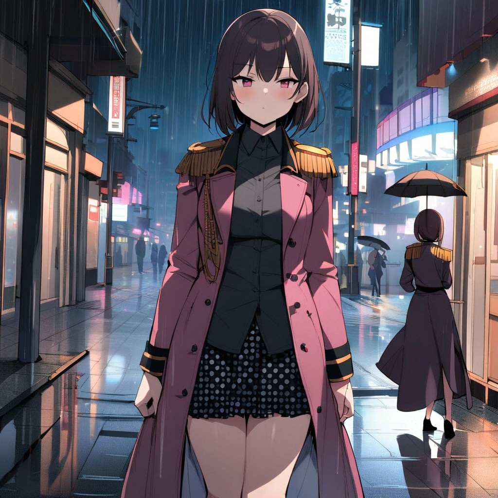Example result. Prompt: 1girl, black shirt, dress shirt, polka dot skirt, full ruffled skirt, magenta coat, overcoat, black epaulettes, aigullette,…