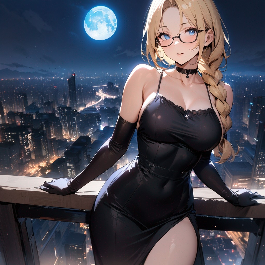 Example result. Prompt: 1girl, blue eyes, glasses, single long braid, blonde hair, bare forehead, mature female, outdoors, balcony, black elbow gloves, black…