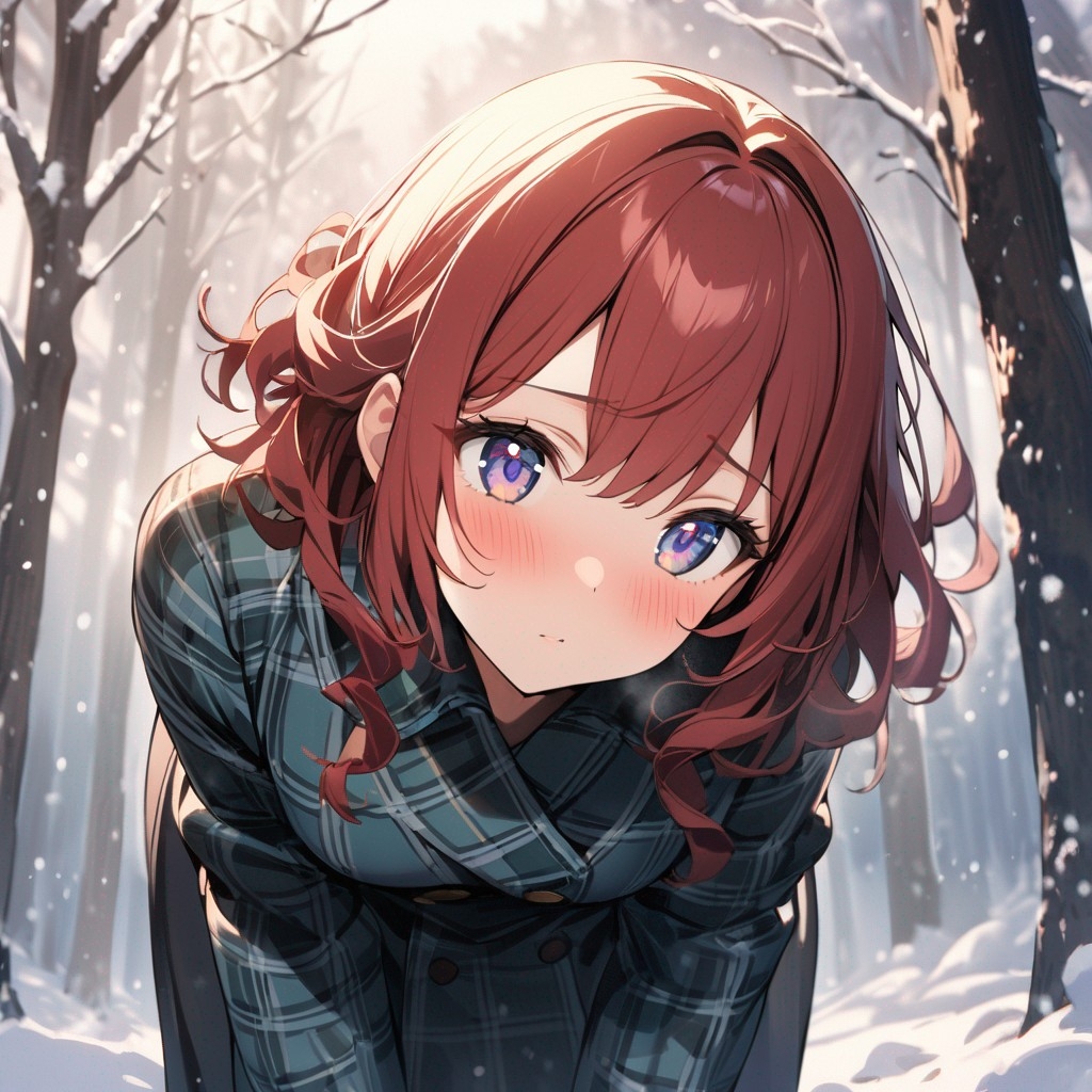 Example result. Prompt: 1girl, close up, bending forward, blush, teal plaid wool coat, red curly hair, violet sparkly eyes, snowfall, winter forest…