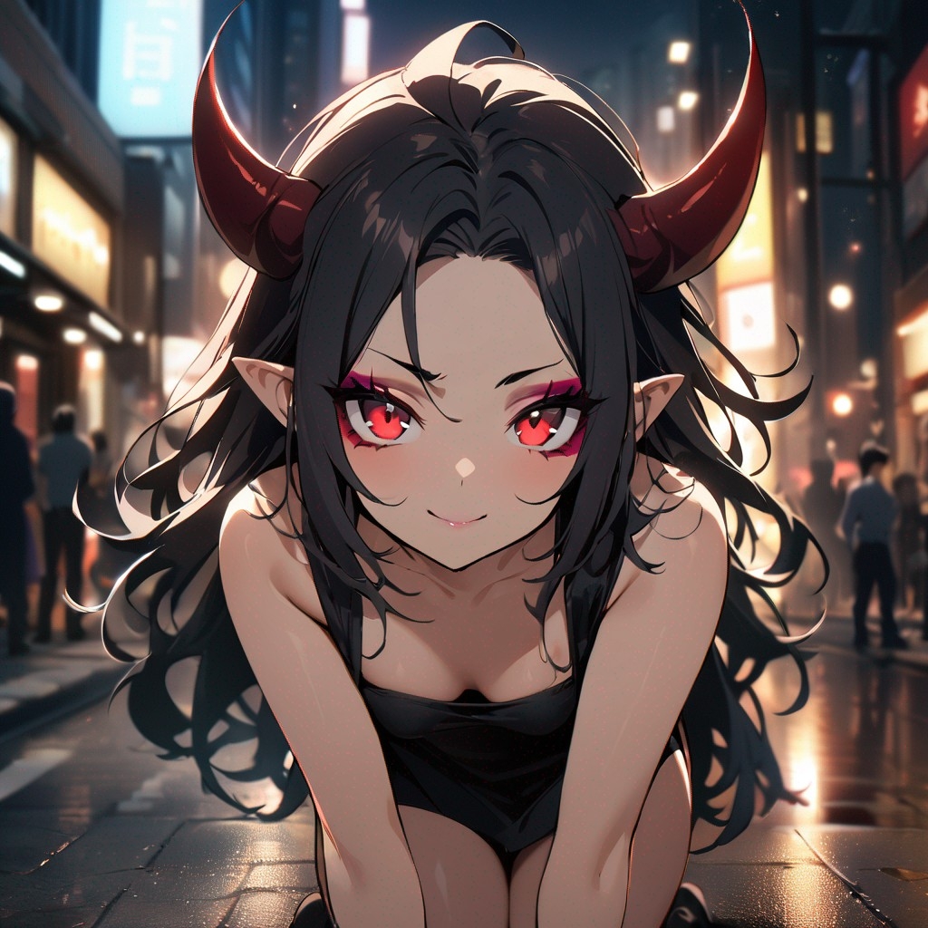 Example result. Prompt: 1girl, demon woman, pointed ear, adult, black hair, long hair, red eyes, crouching, facing viewer, cute, naughty_face, Messy hair,…