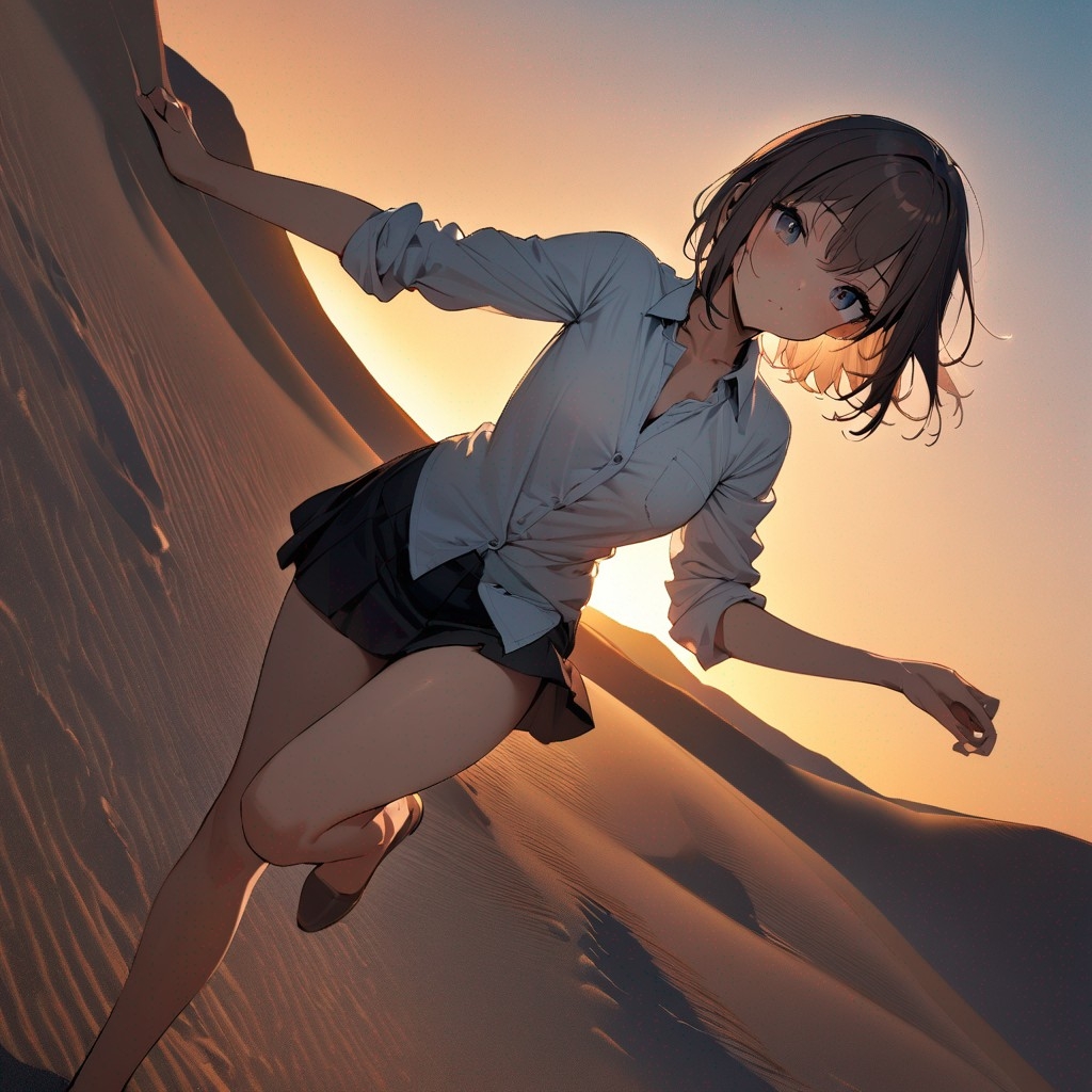 Example result. Prompt: 1girl, dress shirt, sleeves pushed up, short skirt, standing on one leg, in the desert, facing forward, at dusk, Dutch angle,…