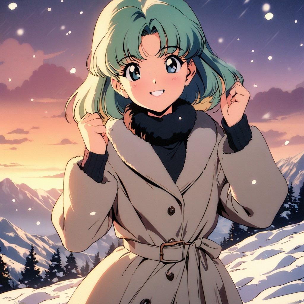 Example result. Prompt: 1girl, looking at viewer, wool coat, fur collar, smile, standing on a hillside, snowfall, mountains in the background, masterpiece,…