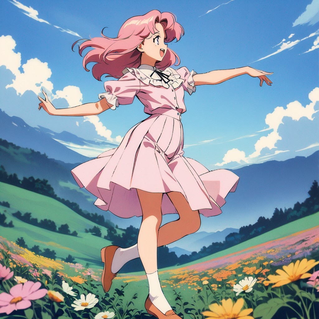 Example result. Prompt: 1girl, looking to the side, laughing, ruffle blouse, pleated skirt, pink hair, hair covering 1 eye, dancing on 1 foot, on a wildflower…