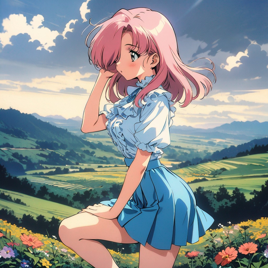 Example result. Prompt: 1girl, looking to the side, ruffle blouse, pleated skirt, pink hair, hair covering 1 eye, standing on 1 foot, on a wildflower hill,…
