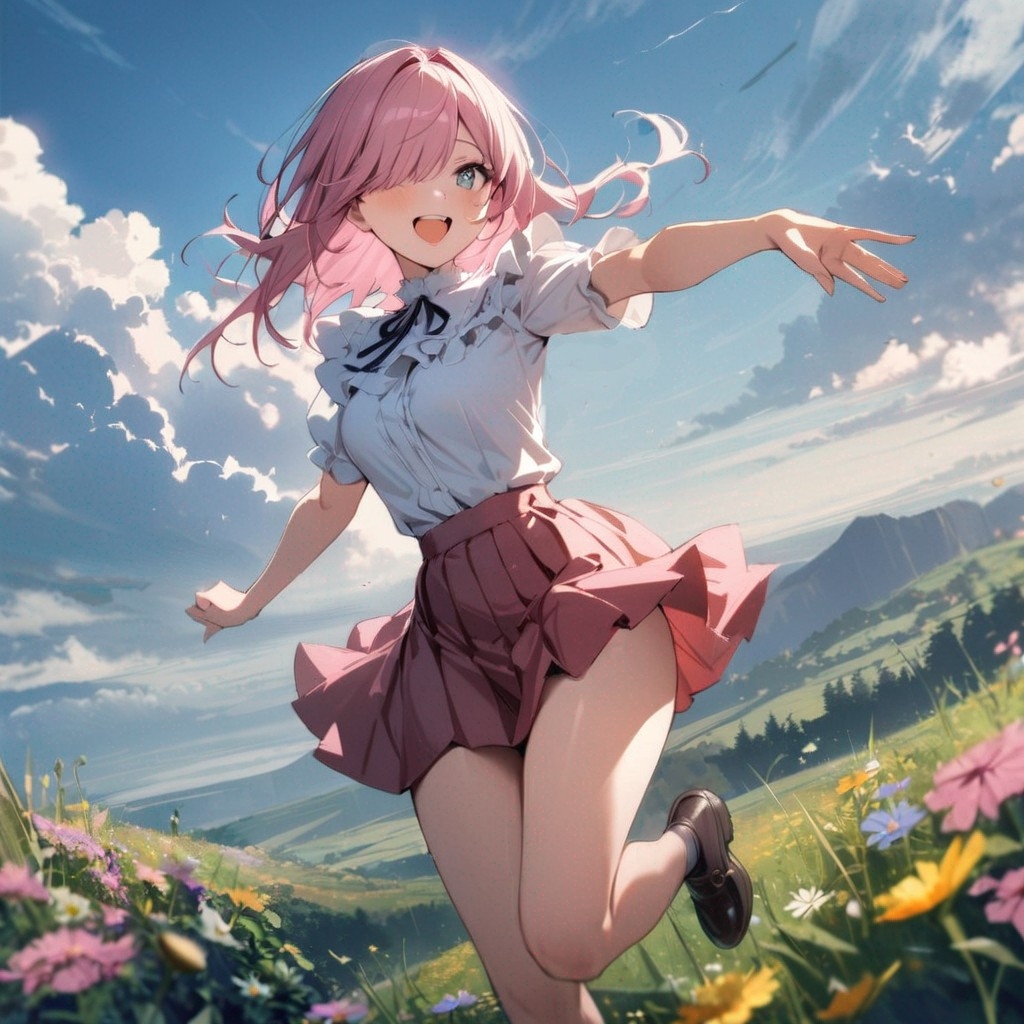 Example result. Prompt: 1girl, looking to the side, laughing, ruffle blouse, pleated skirt, pink hair, hair covering 1 eye, dancing on 1 foot, on a wildflower…