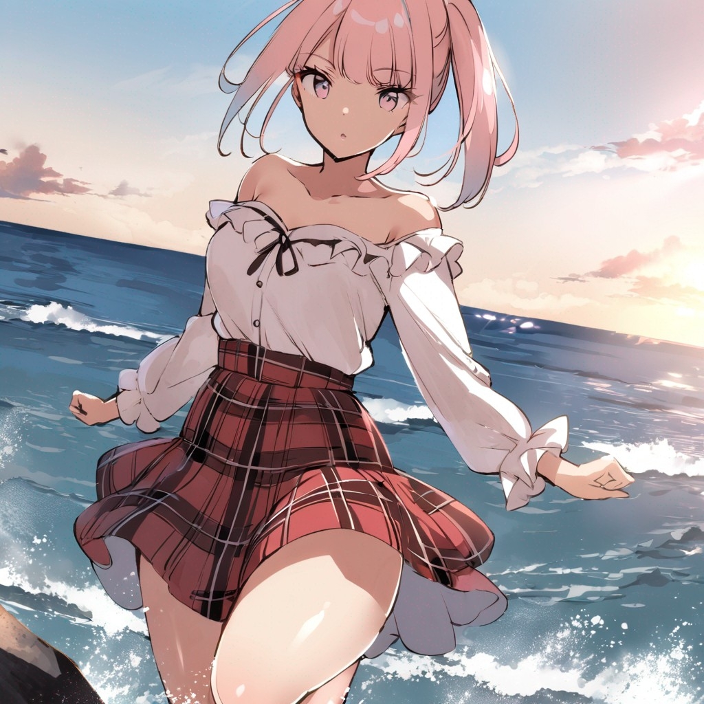 Example result. Prompt: 1girl, pink ruffled blouse, off shoulder shirt, long tartan skirt, standing on one leg, on a rock on the ocean, Dutch angle,…