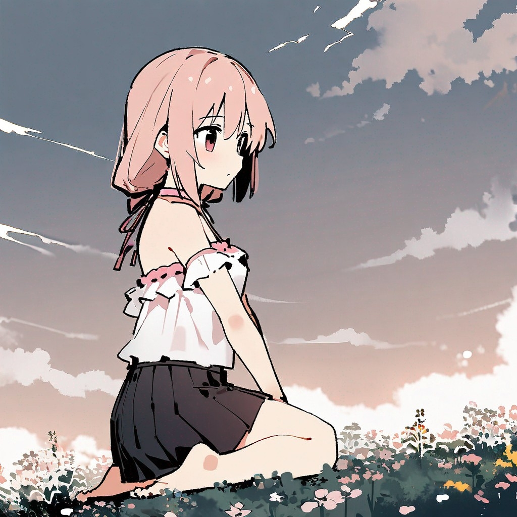 Example result. Prompt: 1girl, pink ruffled halter blouse, short pleated skirt, bare feet, sitting, seiza, on a wildflower hill, cloudy sky, masterpiece, best…