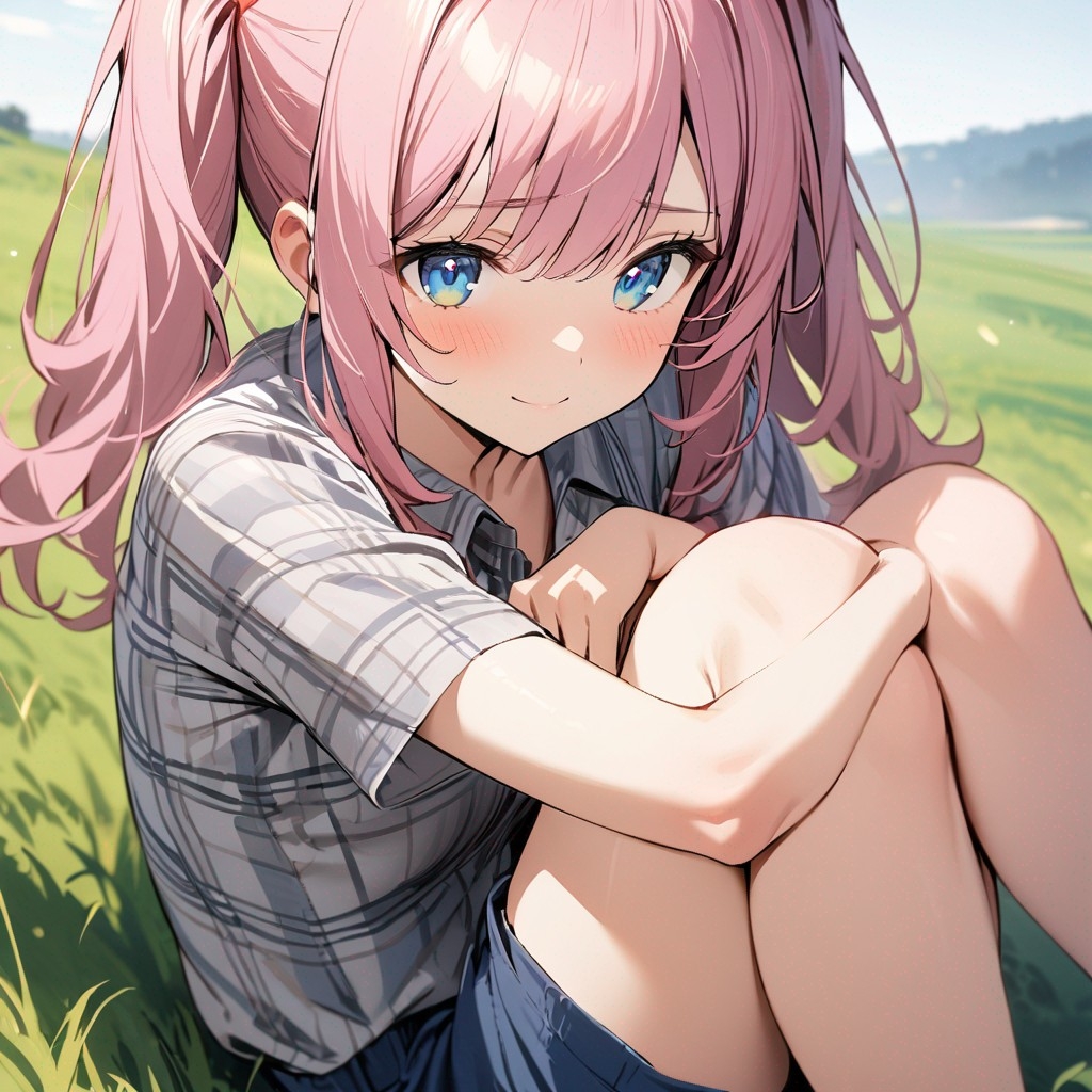 Example result. Prompt: 1girl, sitting on a grassy hill, hugging knees to her chest, gray plaid shirt, blue shorts, pink hair in pigtails, blue sparkly eyes,…