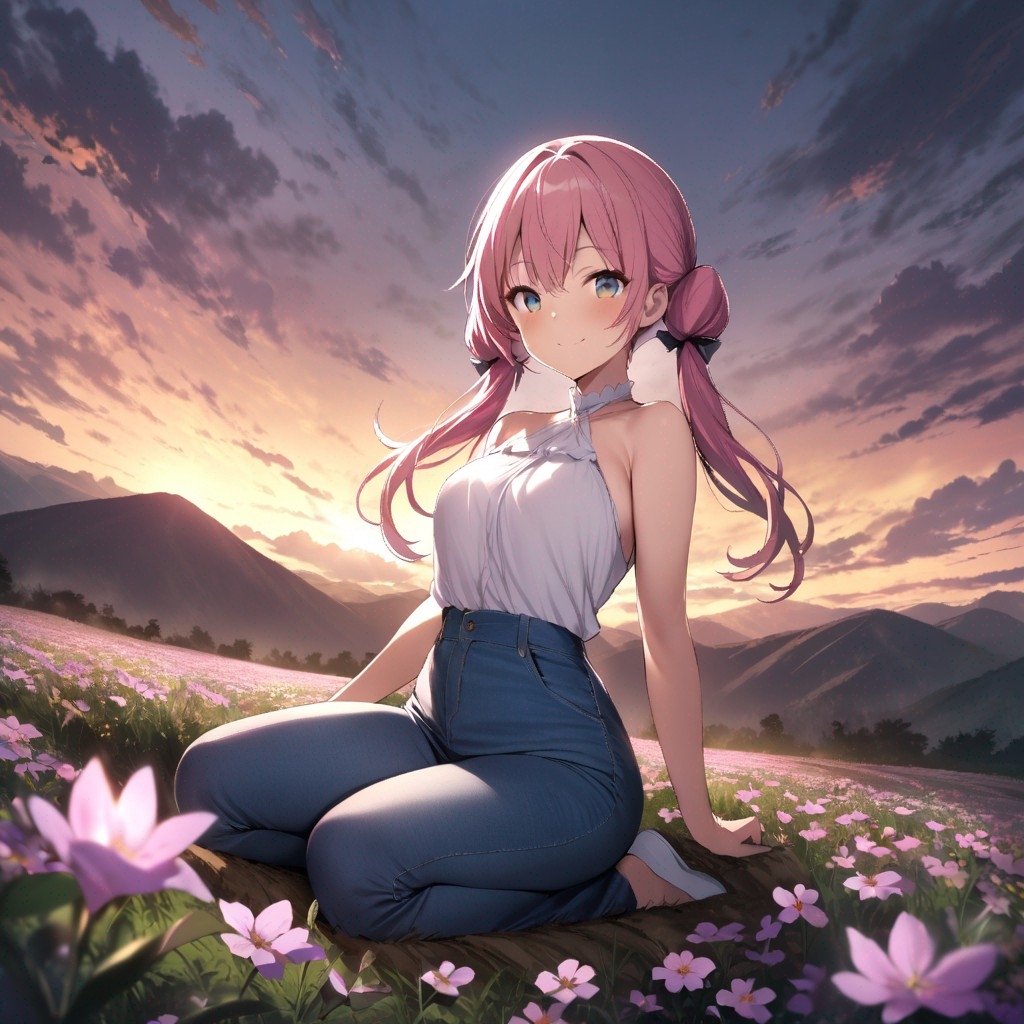 Example result. Prompt: 1girl, smiling, halter blouse, denim pants, pink hair, twin tails, sitting on a wildflower hill, seiza, cloudy sunset sky,…