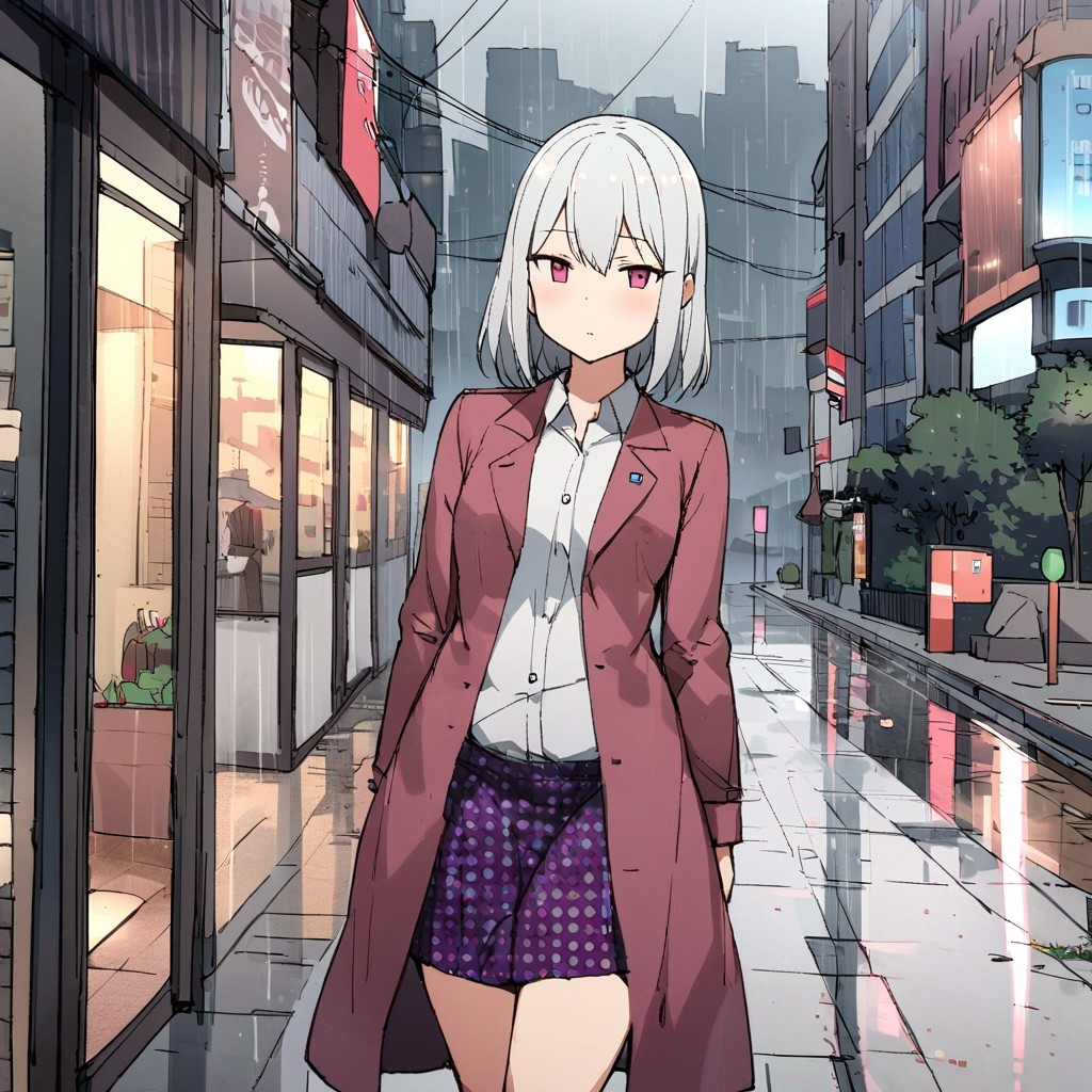 Example result. Prompt: 1girl, solo, dress shirt, polka dot skirt, magenta coat, overcoat, contrapposto, city sidewalk, rain, reflections, masterpiece, best…