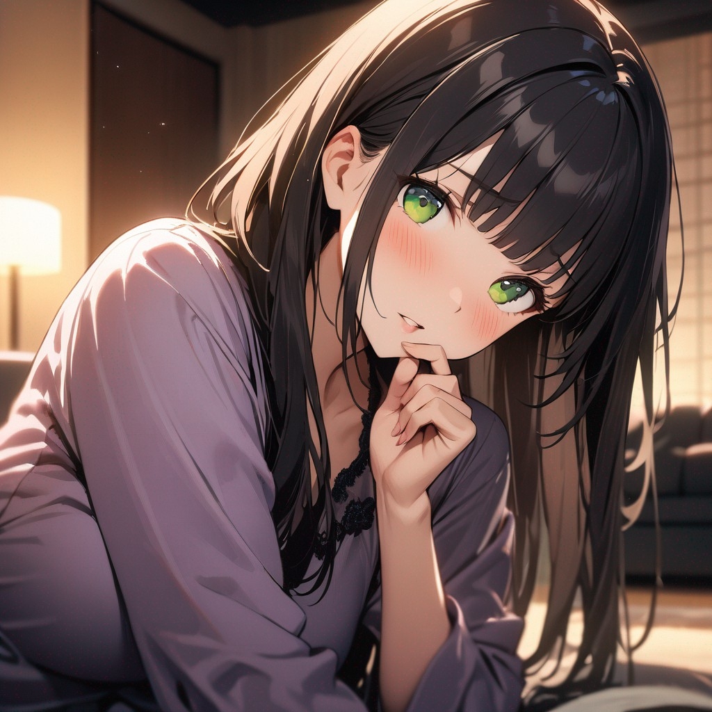 Example result. Prompt: 1girl, solo, long hair, straight black hair, blunt bangs, green eyes, satin_teeshirt, pajamas, finger to mouth, shy, head tilt, blush,…