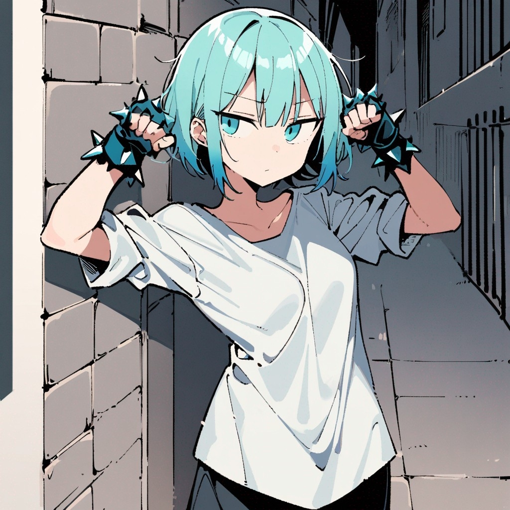 Example result. Prompt: 1girl, solo, short hair, aqua colored tips, oversized shirt, sleeves pushed up, (villain pose), spiked gloves, dark alley,…