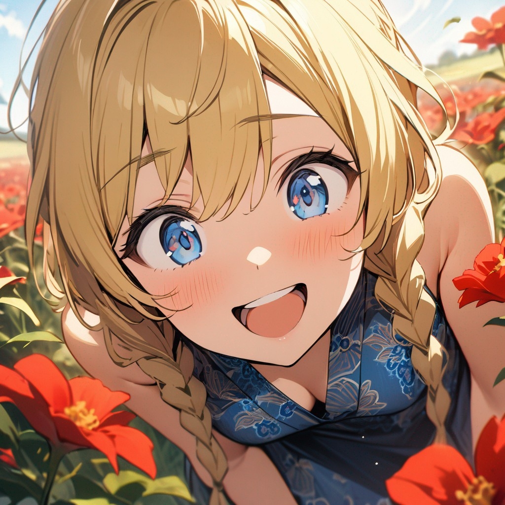 Example result. Prompt: 1girl, standing, leaning forward, laughing, blue paisley dress, yellow hair in two long braids, blue sparkly eyes, in a field of red…