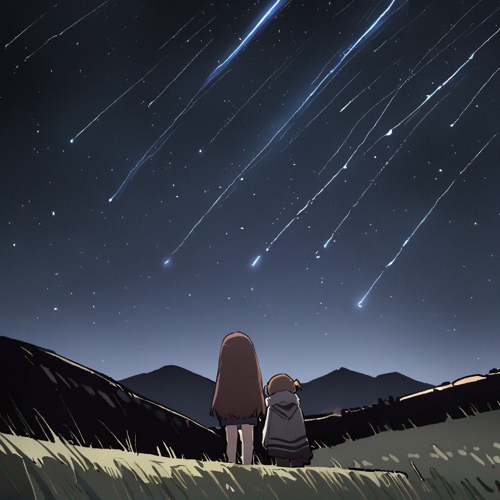 Example result. Prompt: 2girls, facing away, standing on a hillside, scenery, starry night, meteor shower, masterpiece, best quality, very aesthetic,…