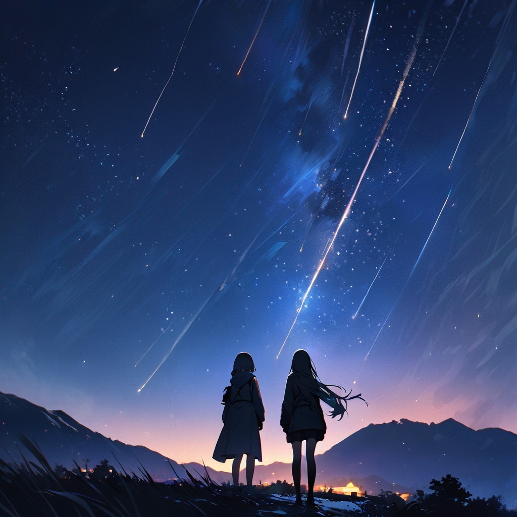 Example result. Prompt: 2girls, facing away, standing on a hillside, scenery, starry night, meteor shower, masterpiece, best quality, very aesthetic Negative…