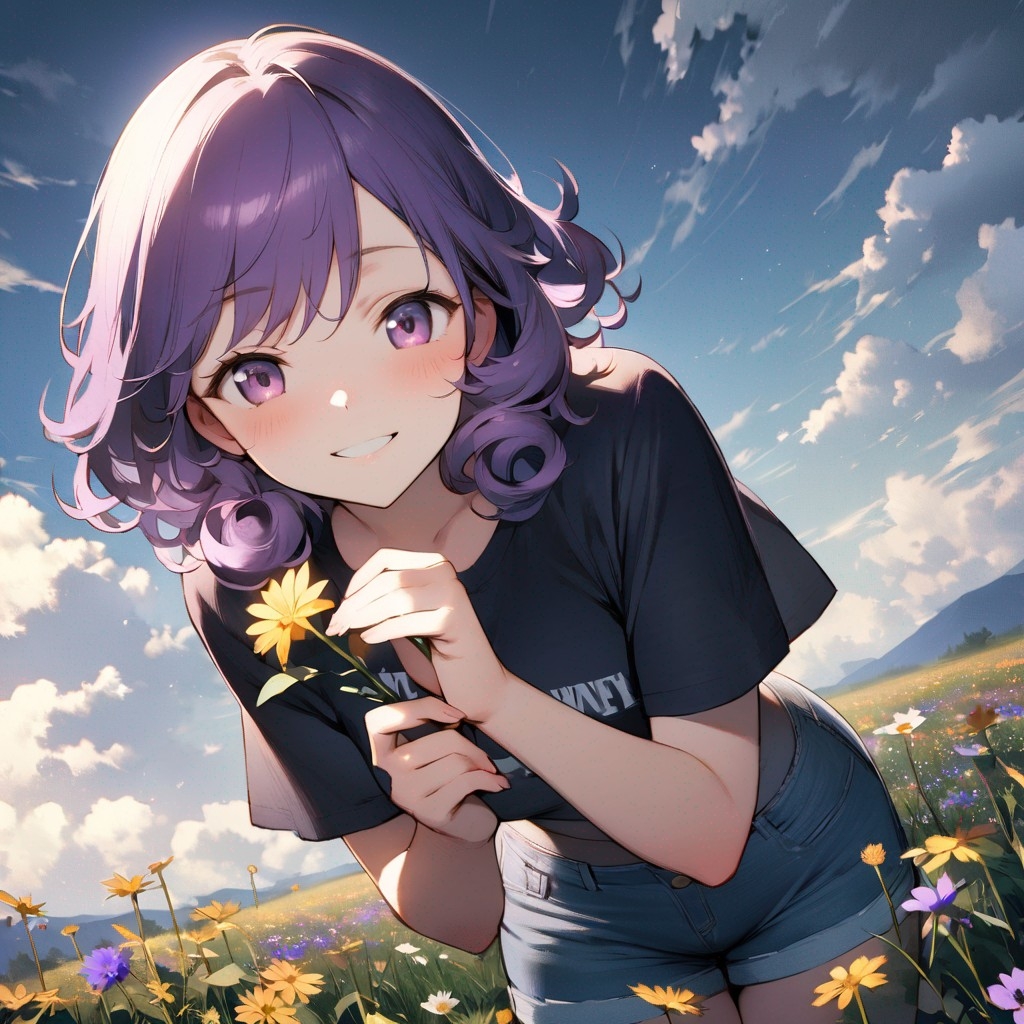 Example result. Prompt: 1girl, smiling, tshirt, jean shorts, purple curly hair, standing on a wildflower hill, bending over to pick a flower, flower in her…