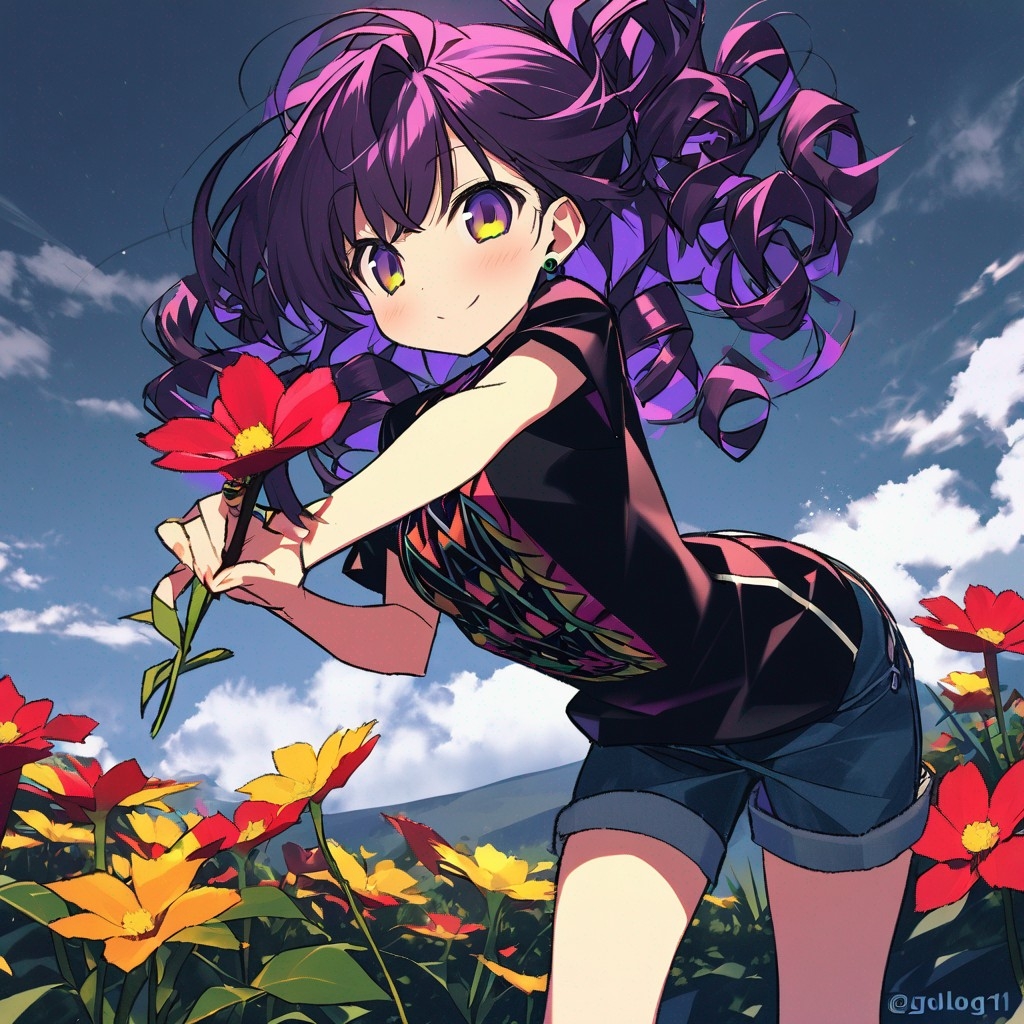 Example result. Prompt: 1girl, smiling, tshirt, jean shorts, purple curly hair, standing on a wildflower hill, bending over to pick a flower, flower in her…