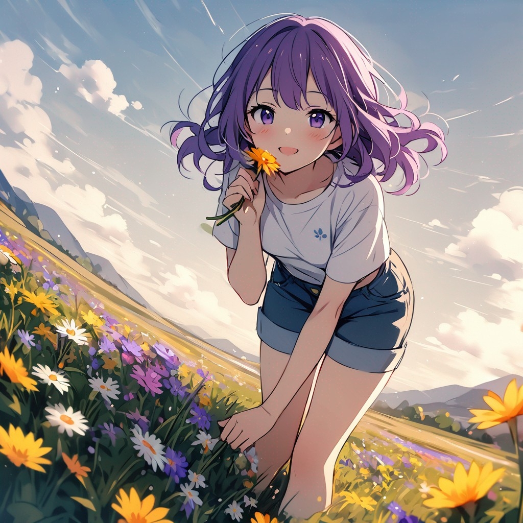 Example result. Prompt: 1girl, smiling, tshirt, jean shorts, purple curly hair, standing on a wildflower hill, bending over to pick a flower, flower in her…