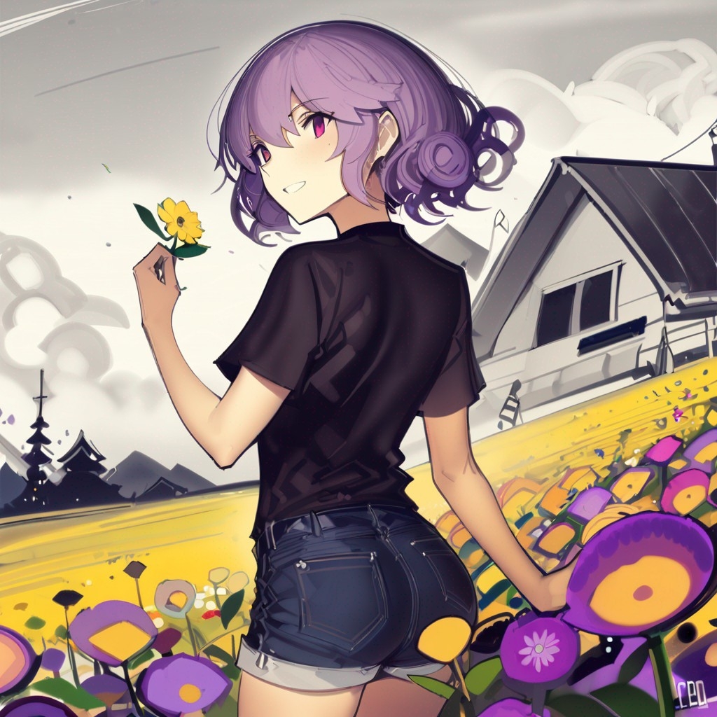 Example result. Prompt: 1girl, smiling, tshirt, jean shorts, purple curly hair, standing on a wildflower hill, bending over to pick a flower, flower in her…