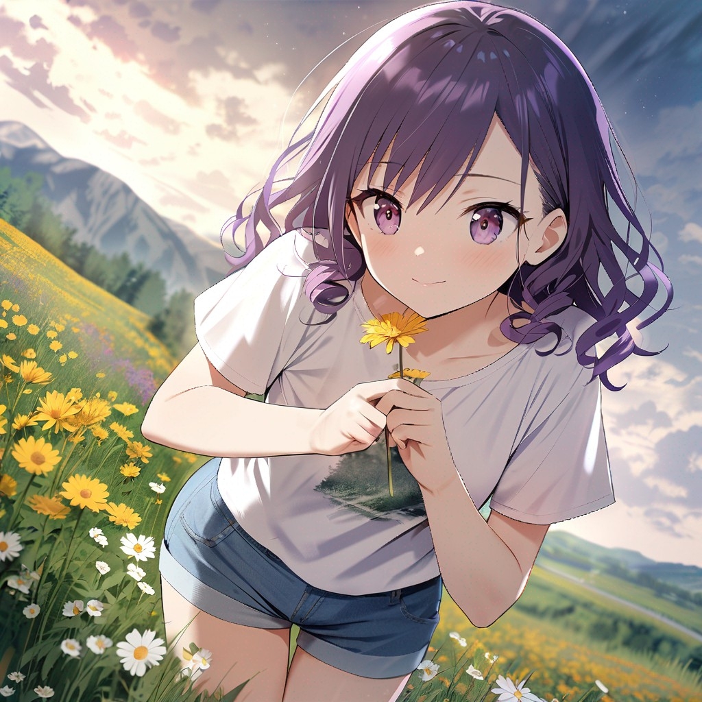 Example result. Prompt: 1girl, smiling, tshirt, jean shorts, purple curly hair, standing on a wildflower hill, bending over to pick a flower, flower in her…