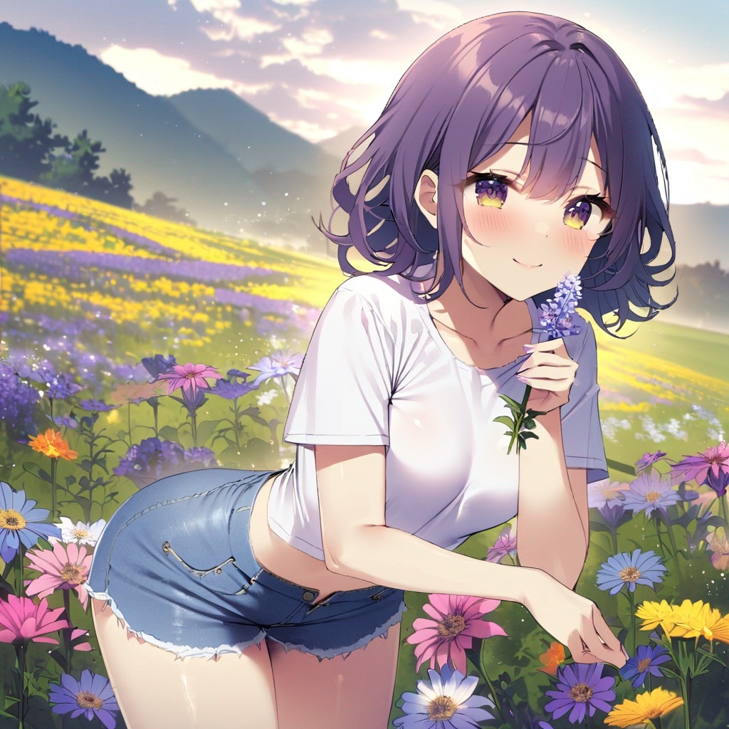 Example result. Prompt: 1girl, smiling, tshirt, jean shorts, purple curly hair, standing on a wildflower hill, bending over to pick a flower, flower in her…