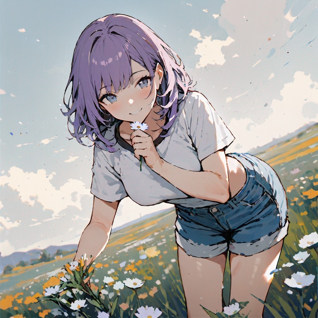 Example result. Prompt: 1girl, smiling, tshirt, jean shorts, purple curly hair, standing on a wildflower hill, bending over to pick a flower, flower in her…