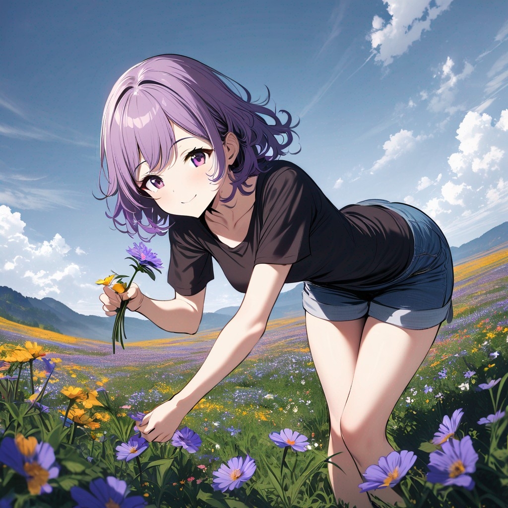 Example result. Prompt: 1girl, smiling, tshirt, jean shorts, purple curly hair, standing on a wildflower hill, bending over to pick a flower, flower in her…