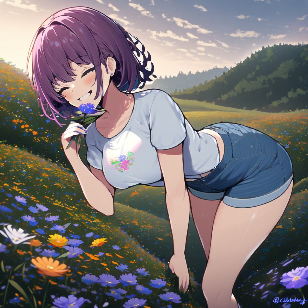 Example result. Prompt: 1girl, smiling, tshirt, jean shorts, purple curly hair, standing on a wildflower hill, bending over to pick a flower, flower in her…