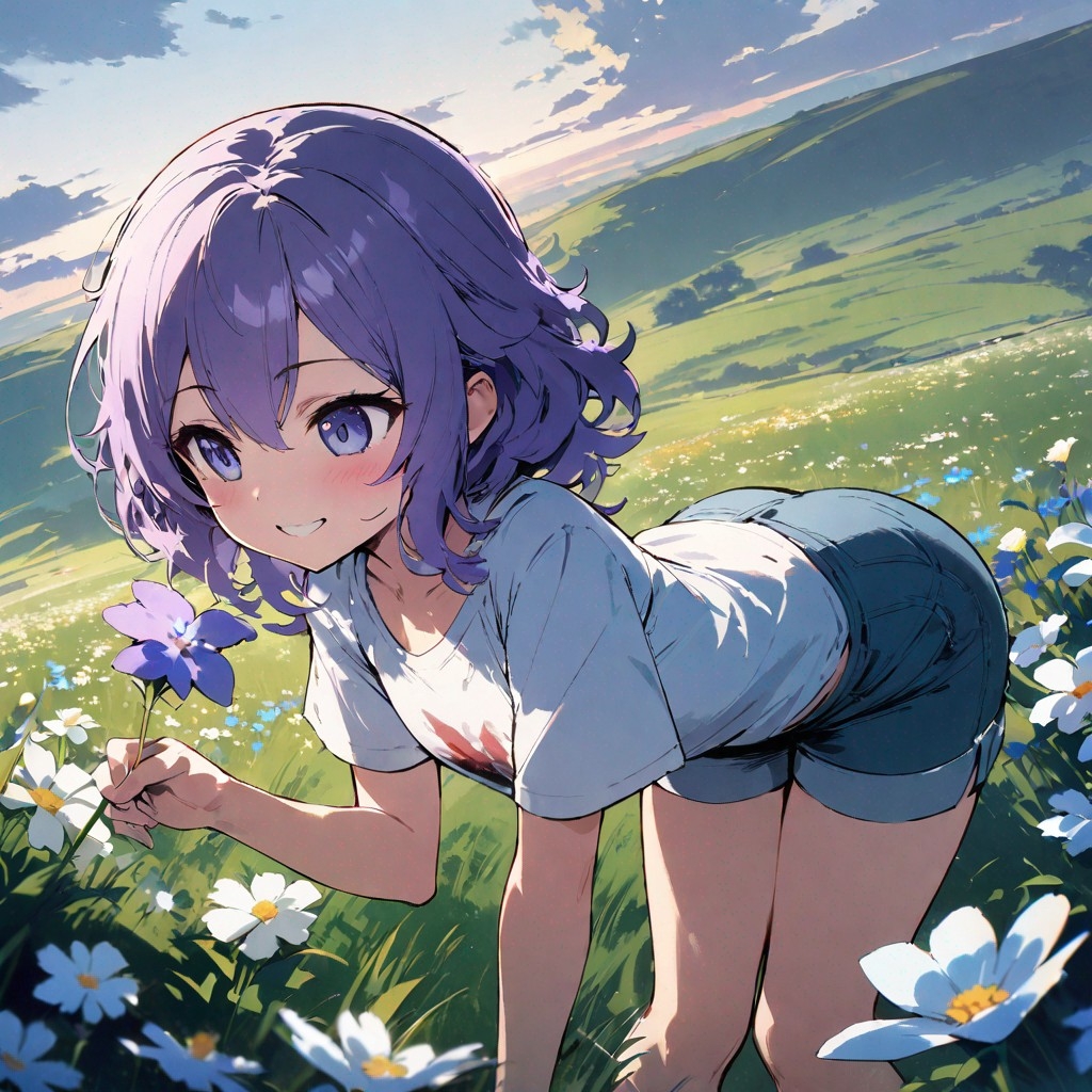 Example result. Prompt: 1girl, smiling, tshirt, jean shorts, purple curly hair, standing on a wildflower hill, bending over to pick a flower, flower in her…