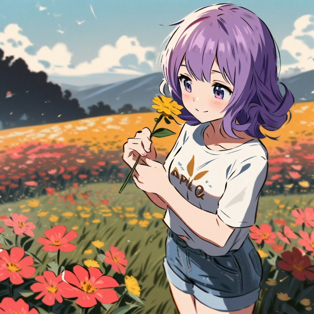 Example result. Prompt: 1girl, smiling, tshirt, jean shorts, purple curly hair, standing on a wildflower hill, bending over to pick a flower, flower in her…