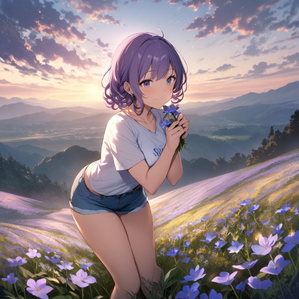 Example result. Prompt: 1girl, smiling, tshirt, jean shorts, purple curly hair, standing on a wildflower hill, bending over to pick a flower, flower in her…