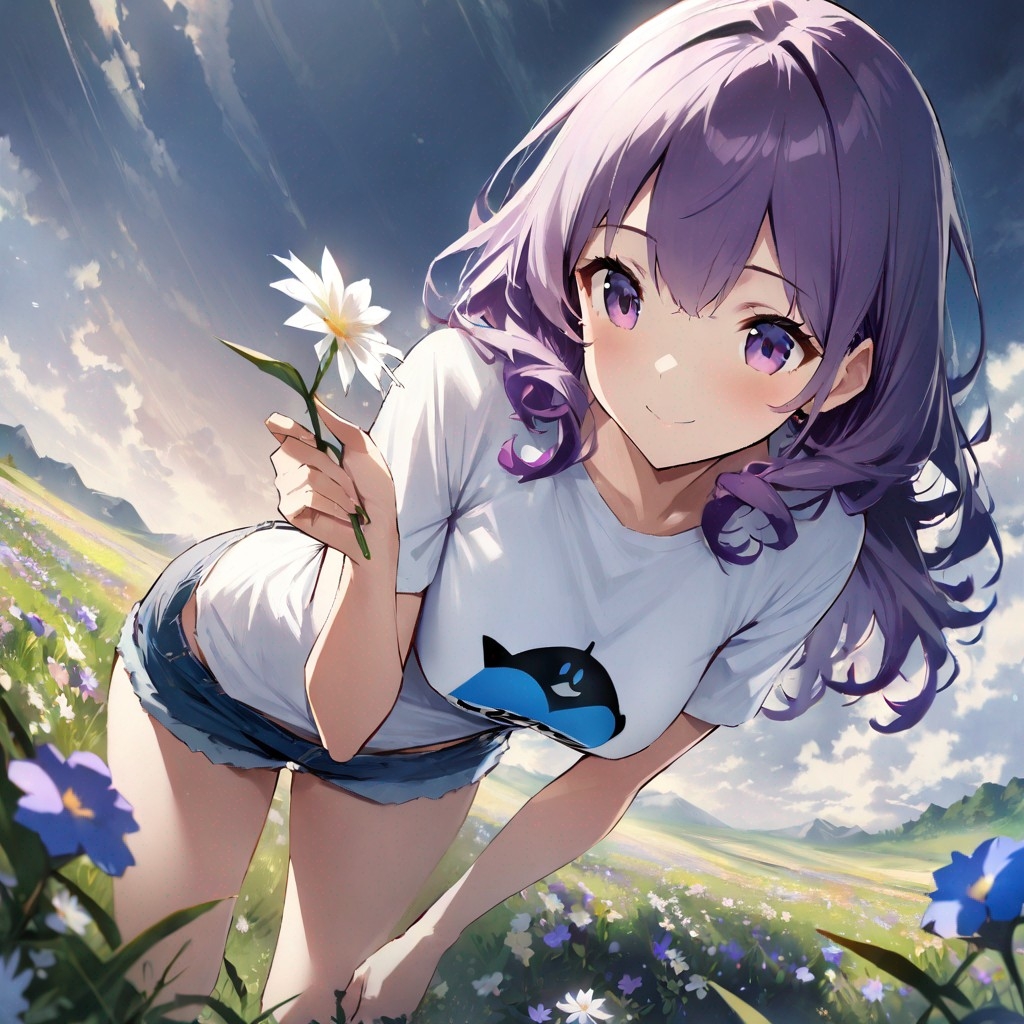 Example result. Prompt: 1girl, smiling, tshirt, jean shorts, purple curly hair, standing on a wildflower hill, bending over to pick a flower, flower in her…