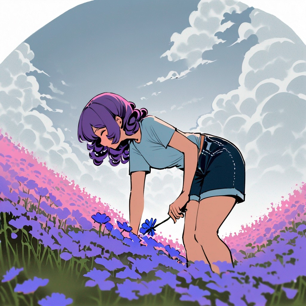 Example result. Prompt: 1girl, smiling, tshirt, jean shorts, purple curly hair, standing on a wildflower hill, bending over to pick a flower, flower in her…