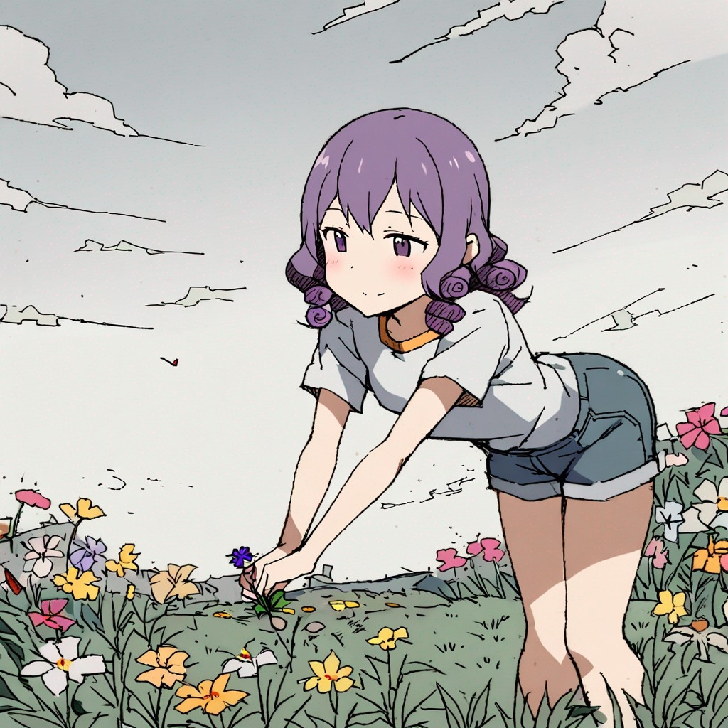 Example result. Prompt: 1girl, smiling, tshirt, jean shorts, purple curly hair, standing on a wildflower hill, bending over to pick a flower, flower in her…