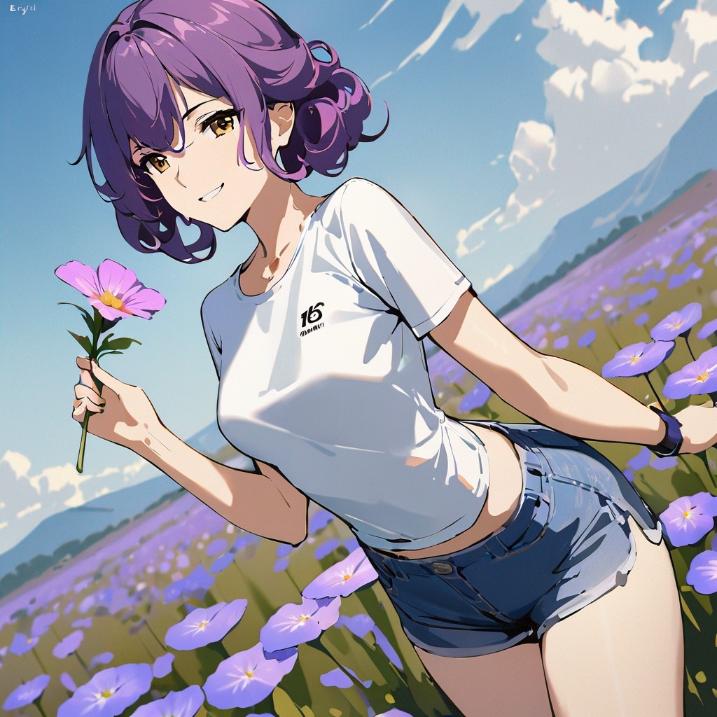 Example result. Prompt: 1girl, smiling, tshirt, jean shorts, purple curly hair, standing on a wildflower hill, bending over to pick a flower, flower in her…