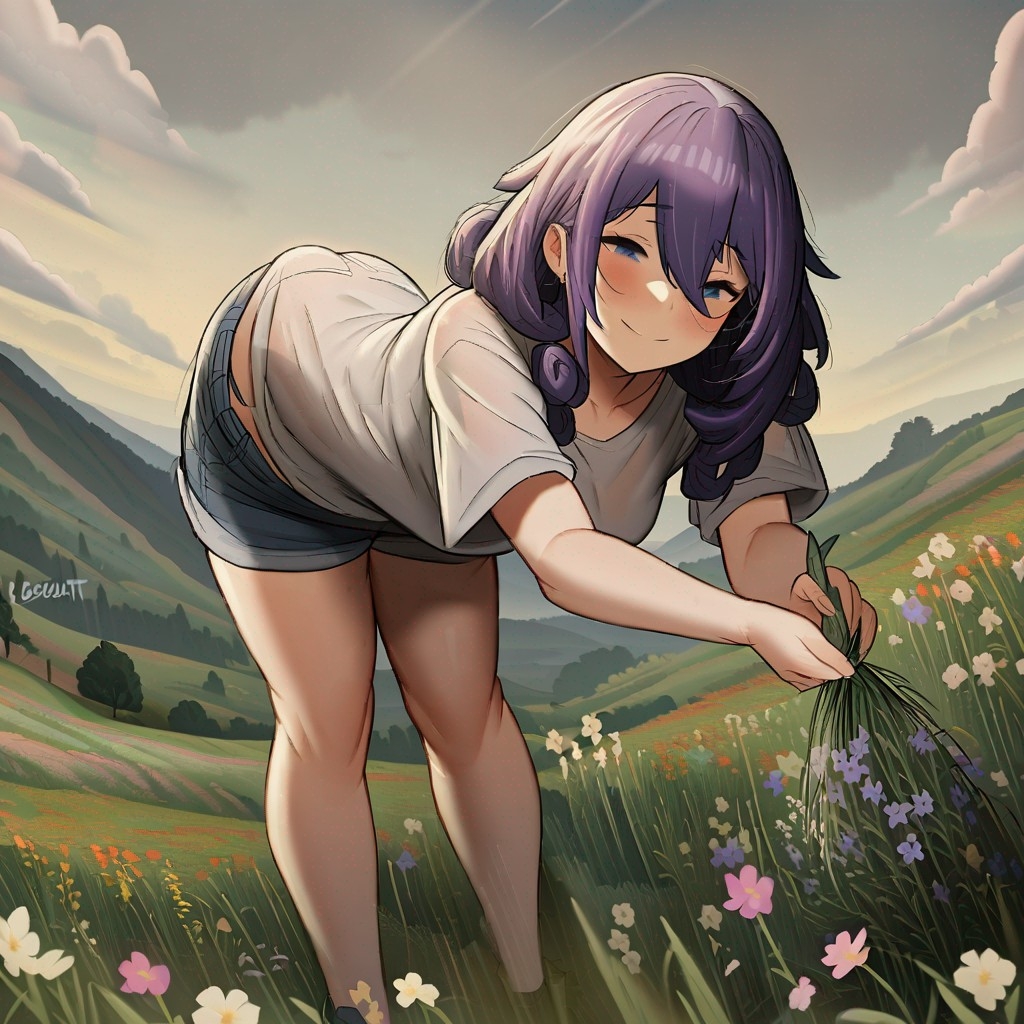 Example result. Prompt: 1girl, smiling, tshirt, jean shorts, purple curly hair, standing on a wildflower hill, bending over to pick a flower, flower in her…