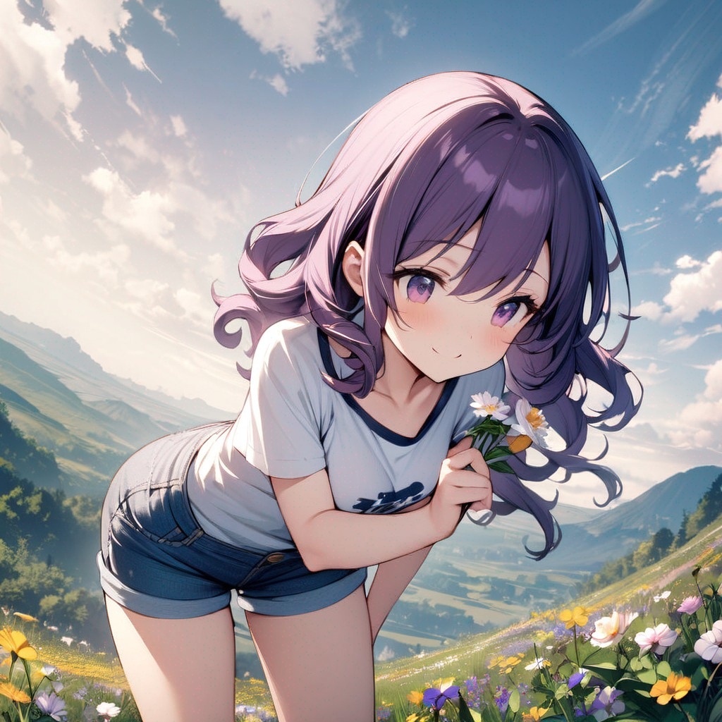 Example result. Prompt: 1girl, smiling, tshirt, jean shorts, purple curly hair, standing on a wildflower hill, bending over to pick a flower, flower in her…