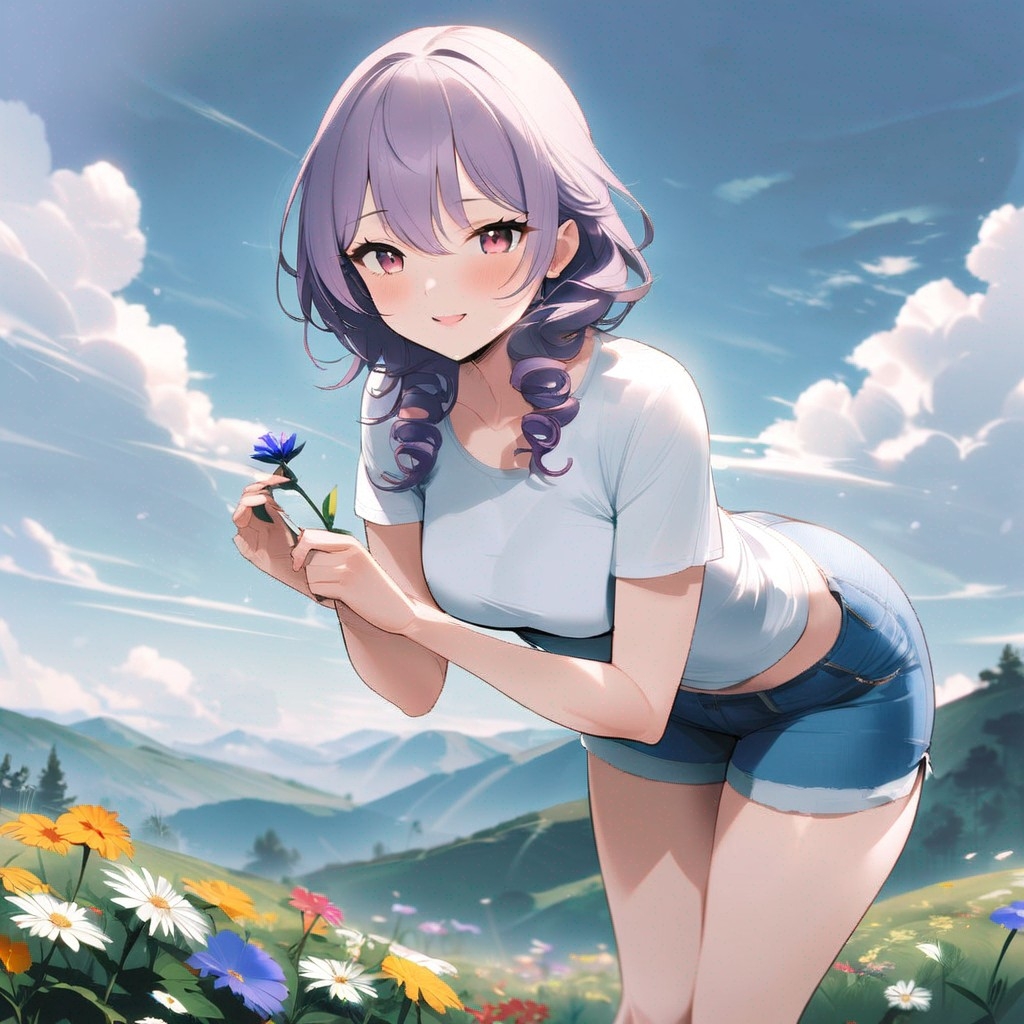Example result. Prompt: 1girl, smiling, tshirt, jean shorts, purple curly hair, standing on a wildflower hill, bending over to pick a flower, flower in her…